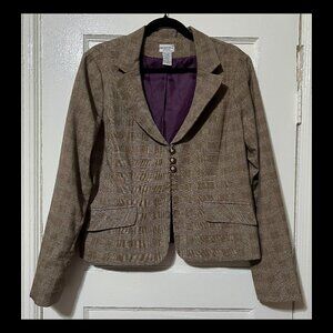 Fashion Bug Womens Lt Brown Purple Tweed Lapel Neck Crop Blazer XL EUC